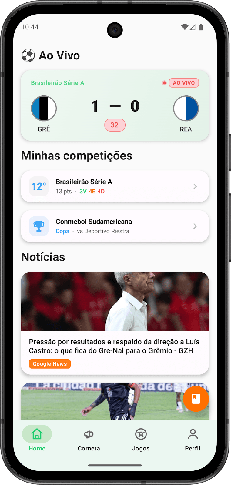 Screenshot da interface de próximos jogos no app