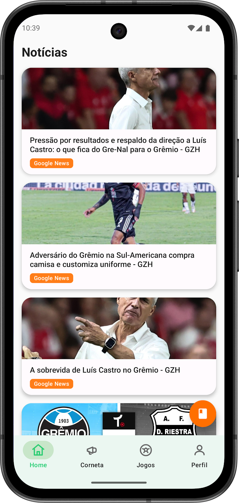 Screenshot do feed de notícias no app
